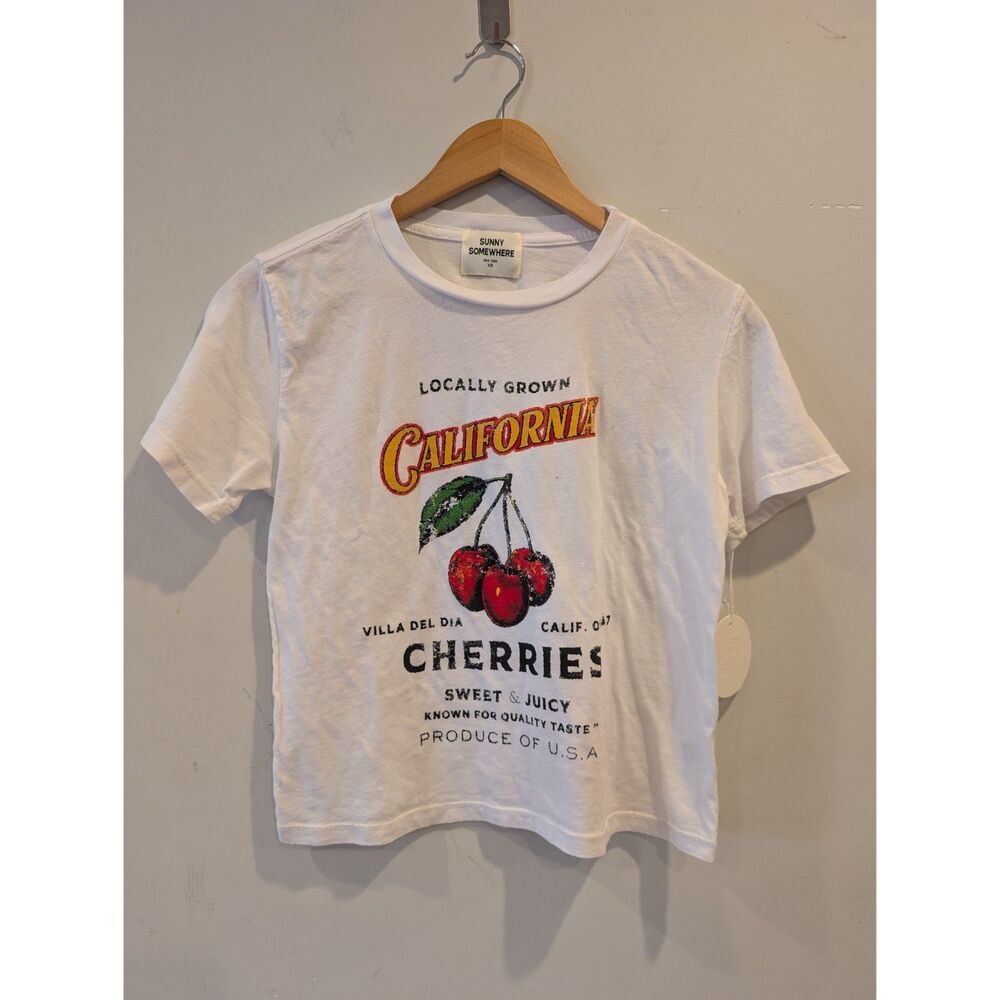 Sunny Somewhere NWT California T Shirt White Cherries 100 Cotton Sz XS
